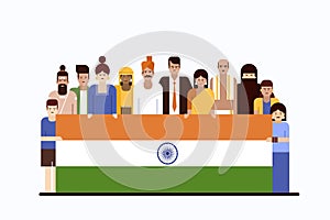 People of Indian ethnicity with diverse cultural background holding national flag together