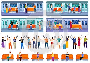 People inside subway icons set cartoon vector. Transport travel