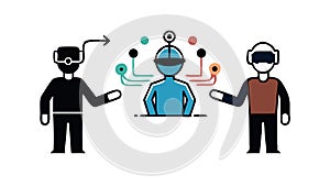 People interacting with an AI robot, human-robot collaboration vector design Generative AI