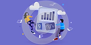 People interacting with charts, analysing statistics and data. Business solution elements. Teamwork concept