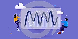 People interacting with charts, analysing statistics and data. Business solution elements. Teamwork concept.