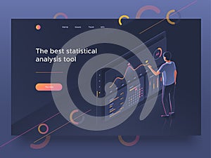 People interacting with a dashboard. Data analysis, statistics collection. Landing page template. Vector illustration