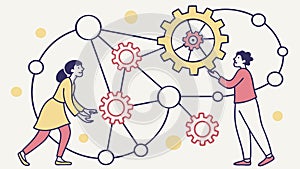 People Interacting with Gears and Network, Innovation and Problem Solving, vector design Generative AI