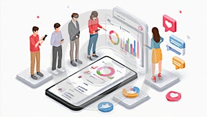 People interacting with mobile devices and data visualization