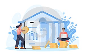 People interacting with smartphone and coins, against a bank illustration, flat graphic style, conceptualizing mobile