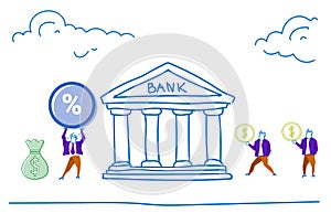 People invest deposit money in bank get percent investments and savings concept growth wealth horizontal sketch doodle