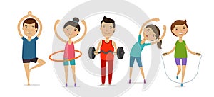 People involved in sports. Fitness, gym, healthy lifestyle concept. Cartoon vector illustration