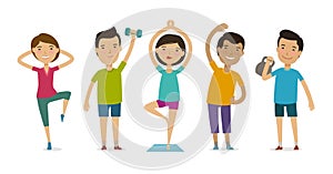 People involved in sports. Fitness, gym, healthy lifestyle concept. Funny cartoon vector illustration