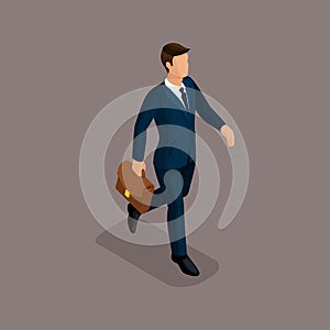 People Isometric 3D businessman in a hurry, there is a fast pace with a briefcase isolated on a dark background of a noble