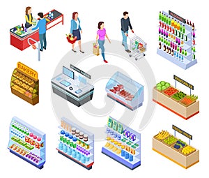 People isometric store. Shopping grocery market customer supermarket products, persons in retail shop buying food 3d