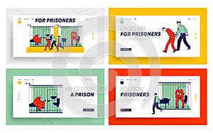 People in Jail Website Landing Page Set. Man Officer Bringing New Prisoner to Prison. Life in Jailhouse