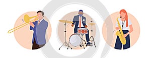 People jazz band player cartoon characters performing with music instruments round composition