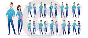 People in jeans. Male and female characters in casual style clothes standing in action poses with different gestures