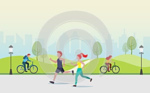 People jogging, cycling, exercising outdoor activities at public park