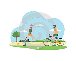People jogging and ride a bicycle in the park scene. Healthy lifestyle concept. Sport and leisure activities in public space