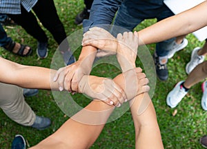 People are join hand together with trust and success in teamwork.