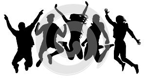 People jump vector silhouette. Jumping friends youth background. Crowd people, close to each other. Cheerful man and woman