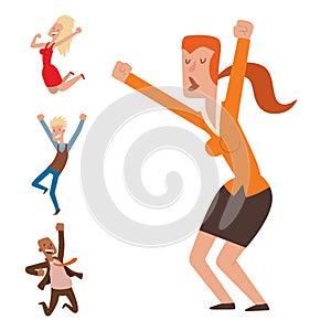 People jumping in celebration party vector happy man jump celebration joy character. Cheerful woman active happiness