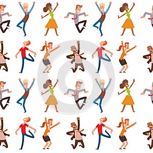 People jumping in celebration party vector happy man jump celebration joy character. Cheerful woman active happiness