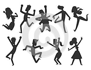 People jumping in celebration party vector happy man jump celebration joy character silhouette cheerful woman active