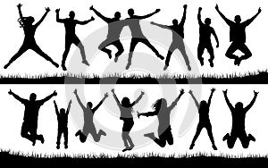 People jumping, friends man and woman set. Cheerful girl and guy silhouette collection vector. Fun Icon.
