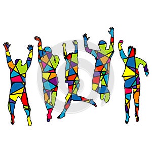 People jumping. Silhouette patterned in colorful mosaic background