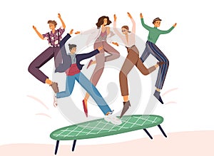People jumping on trampoline flat vector illustration. Positive experience concept. Group of young friends having fun