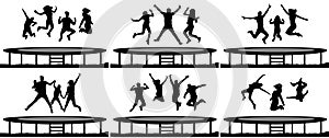 People jumping trampoline silhouette set.