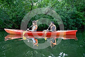 People on kayak outing rafting down the river