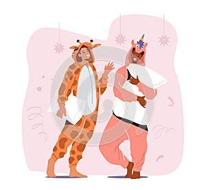 People in Kigurumi Pajamas, Young Man and Woman Wearing Animal Costumes Unicorn and Giraffe. Teenagers Dance and Fun