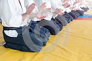 People in kimono and hakama on martial arts training