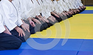 People in kimono and hakama on martial arts training seminar