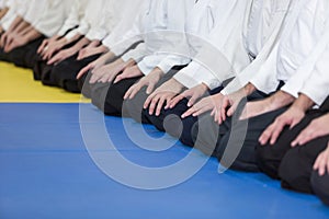 People in kimono and hakama on martial arts training seminar