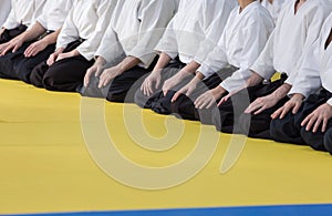 People in kimono and hakama on martial arts training seminar