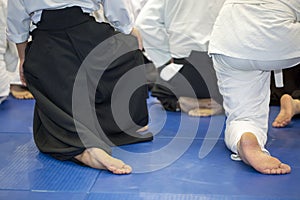 People in kimono and hakama sitting on tatami on