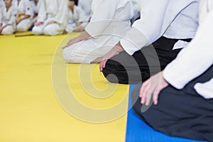 People in kimono and hakama sitting on tatami on martial arts training