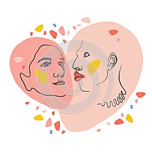People kiss. Postcard of the LGBT community. Line art. Pink. Face drawing. Contemporary portrait. Men or women. Creative