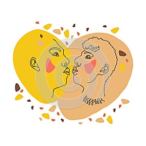 People kiss. Postcard of the LGBT community. Line art. Yellow. Face drawing. Contemporary portrait. Men or women