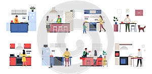 People on kitchen. Cartoon characters cooking together, man and woman family and friends preparing dinner at home and