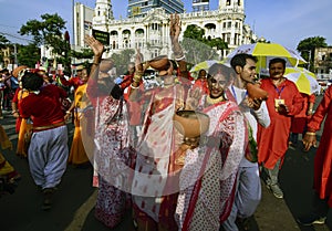 The people of Kolkata were celebrating coming Durga puja in the city street.