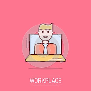 People with laptop computer icon in comic style. Pc user cartoon vector illustration on isolated background. Office manager splash
