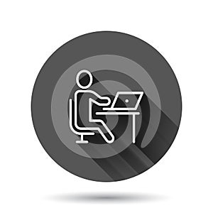 People with laptop computer icon in flat style. Pc user vector illustration on black round background with long shadow effect.