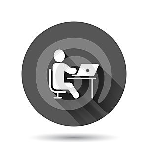 People with laptop computer icon in flat style. Pc user vector illustration on black round background with long shadow effect.