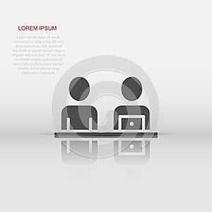 People with laptop computer icon in flat style. Pc user vector illustration on white isolated background. Office manager business