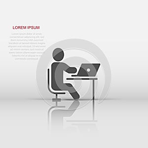 People with laptop computer icon in flat style. Pc user vector illustration on white isolated background. Office manager business