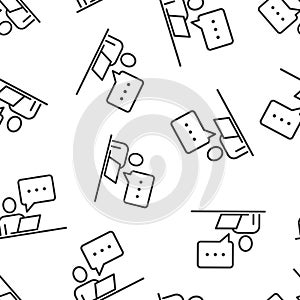 People with laptop computer icon in flat style. Pc user vector illustration on white isolated background. Office manager seamless