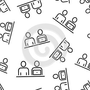 People with laptop computer icon in flat style. Pc user vector illustration on white isolated background. Office manager seamless