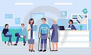 People in large hospital or clinic hall flat character vector illustration concept