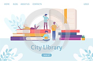 People learning in online library concept, huge books with tiny people reading web template vector illustration.