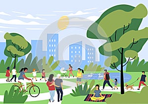 People at leisure in city park. Landscape outdoor nature. Cartoon vector characters